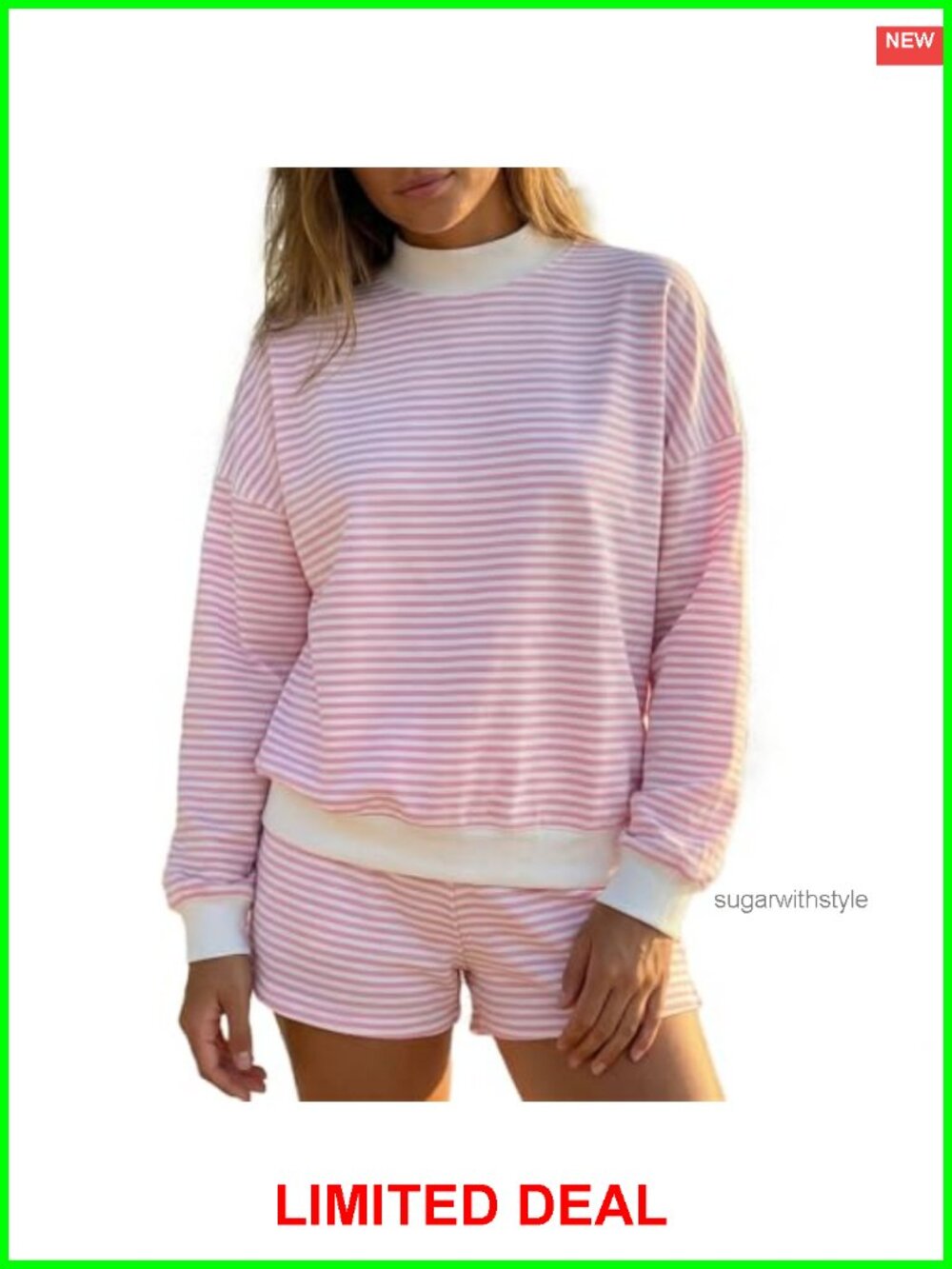 Oversized Striped 2 Piece Lounge Set Mock Neck Long Sleeve Sweatshirt Shorts